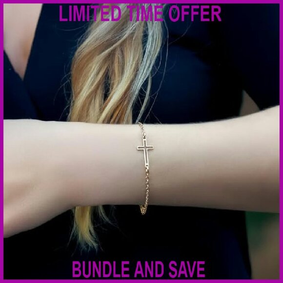 14K Gold Plated Sideways Cross Bracelet Adjustable Rolo Chain Faith Jewelry - Picture 6 of 7